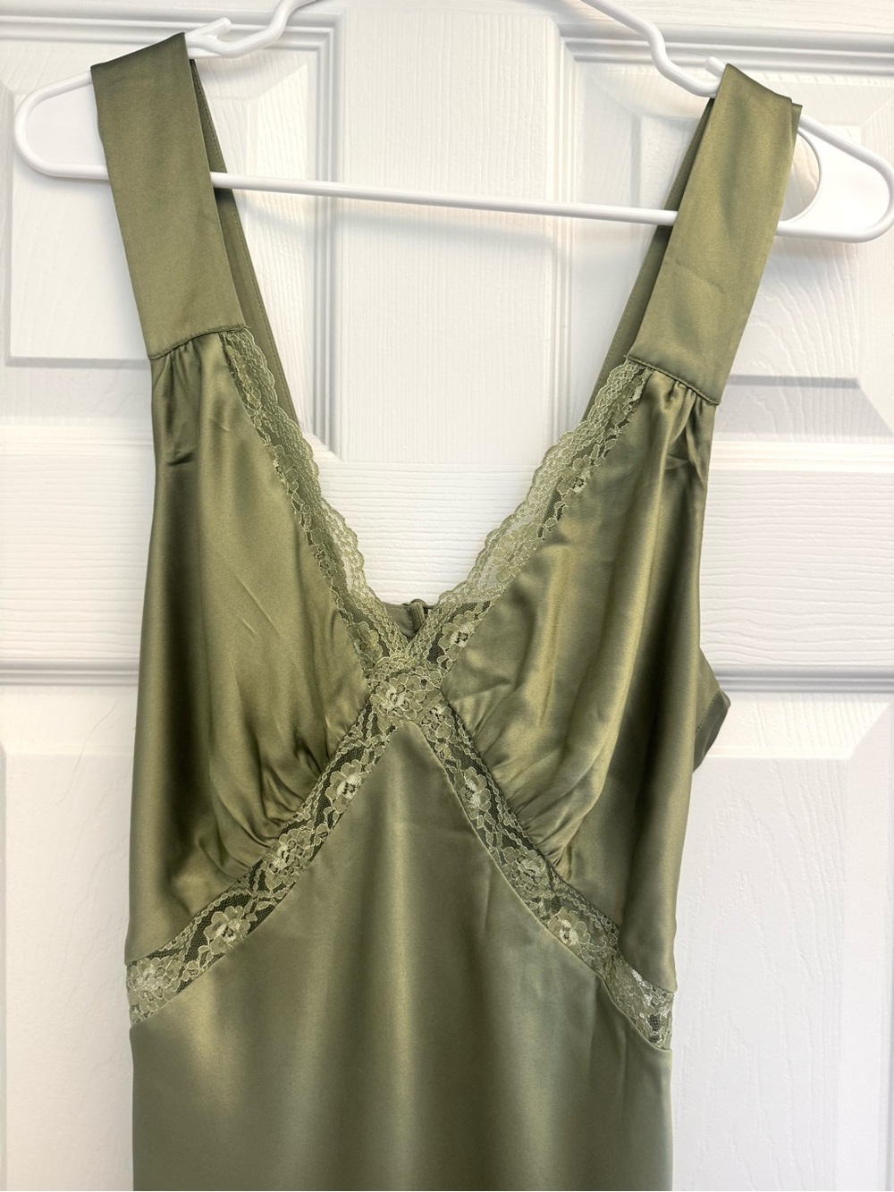 Reformation Olive Satin Lace-Trim Wedding Guest Dress - Picture 6 of 10